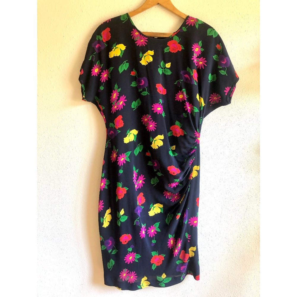 Vintage 80s Silk Ungaro Ter Floral Ruched Dress